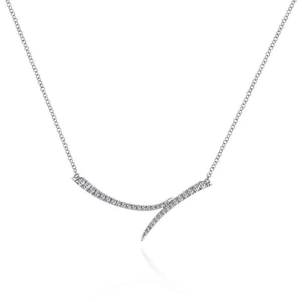 14K White Gold Curved Bypass Bar Necklace with Diamonds