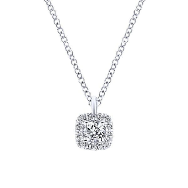 14K White Gold Cushion Halo Round Diamond Pendant Necklace