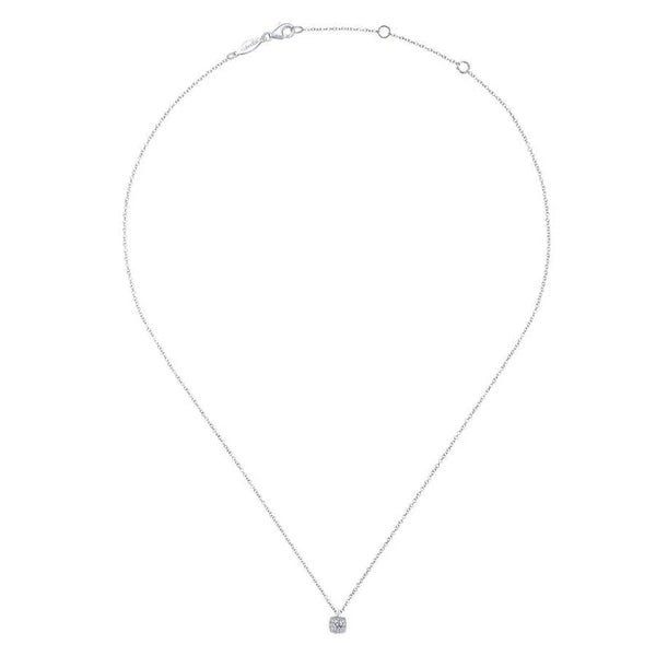 14K White Gold Cushion Halo Round Diamond Pendant Necklace