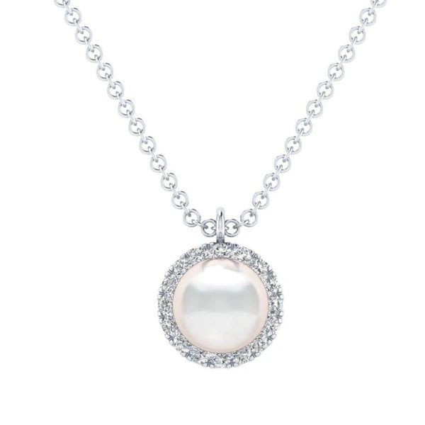 14K White Gold Cultured Pearl and Diamond Halo Pendant Necklace