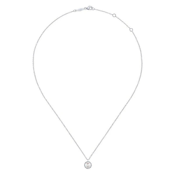 14K White Gold Cultured Pearl and Diamond Halo Pendant Necklace