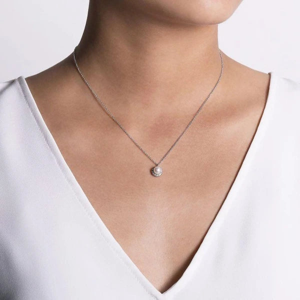 14K White Gold Cultured Pearl and Diamond Halo Pendant Necklace