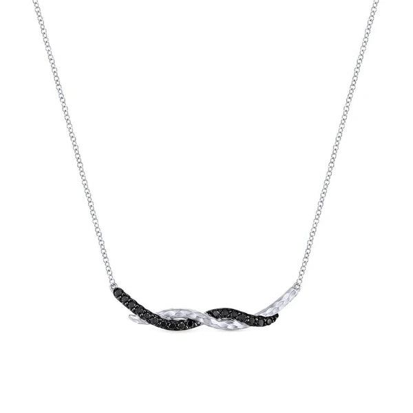 925 Sterling Silver Black Spinel Curving Bar Necklace