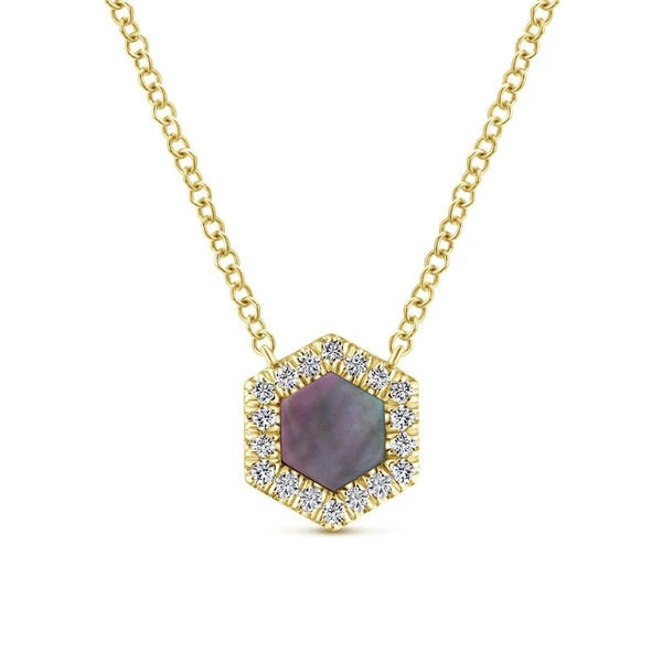 14K Yellow Gold Hexagonal Black Mother Of Pearl and Diamond Pendant Necklace