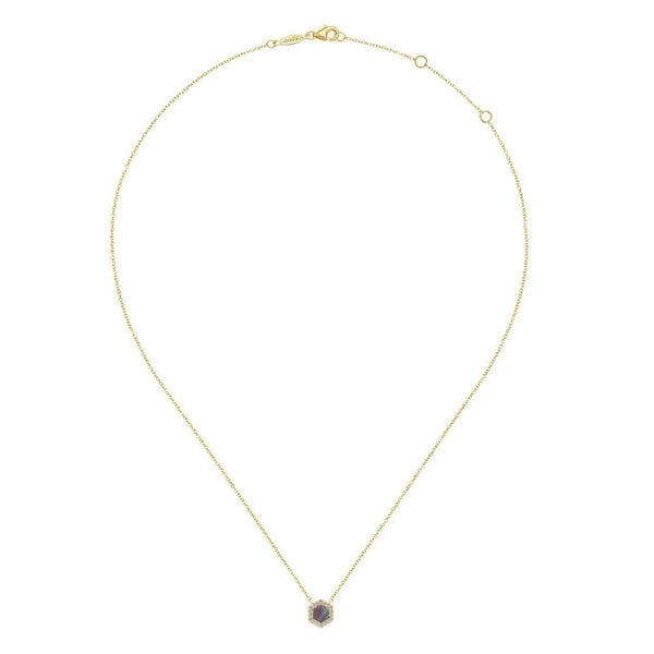 14K Yellow Gold Hexagonal Black Mother Of Pearl and Diamond Pendant Necklace