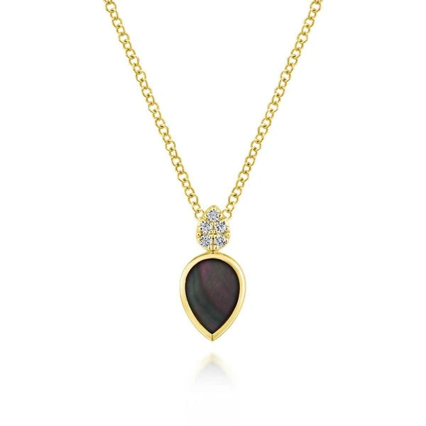 14K Yellow Gold Pear Shaped Black Mother Of Pearl and Diamond Pendant Necklace