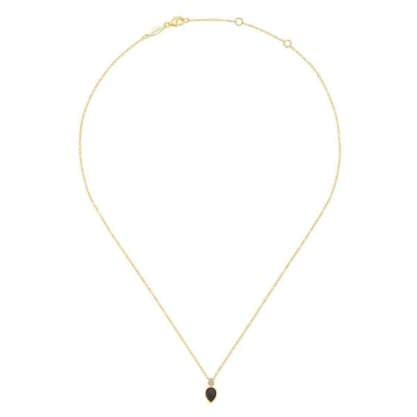 14K Yellow Gold Pear Shaped Black Mother Of Pearl and Diamond Pendant Necklace
