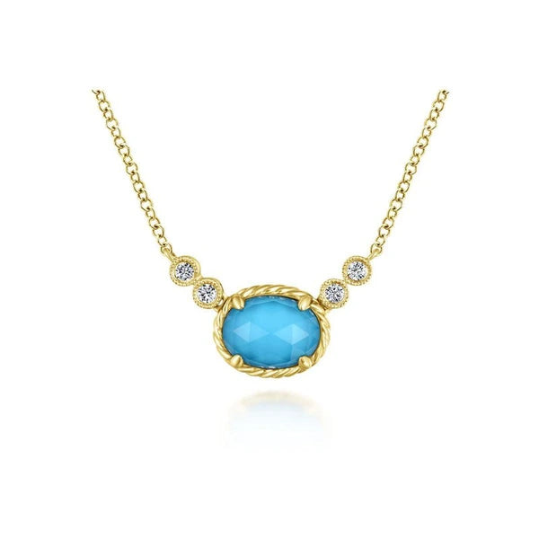 14K Yellow Gold Rock Crystal and Turquoise and Diamond Pendant Necklace