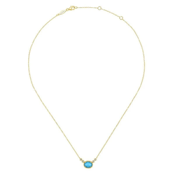 14K Yellow Gold Rock Crystal and Turquoise and Diamond Pendant Necklace