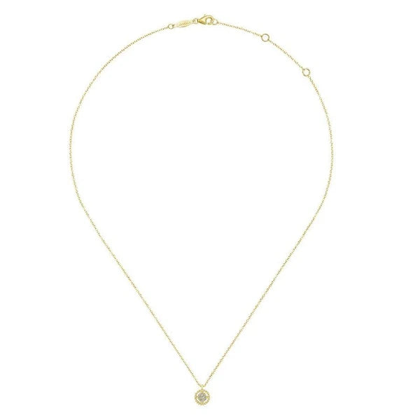 14K Yellow Gold Beaded Round Floating Diamond Pendant Necklace