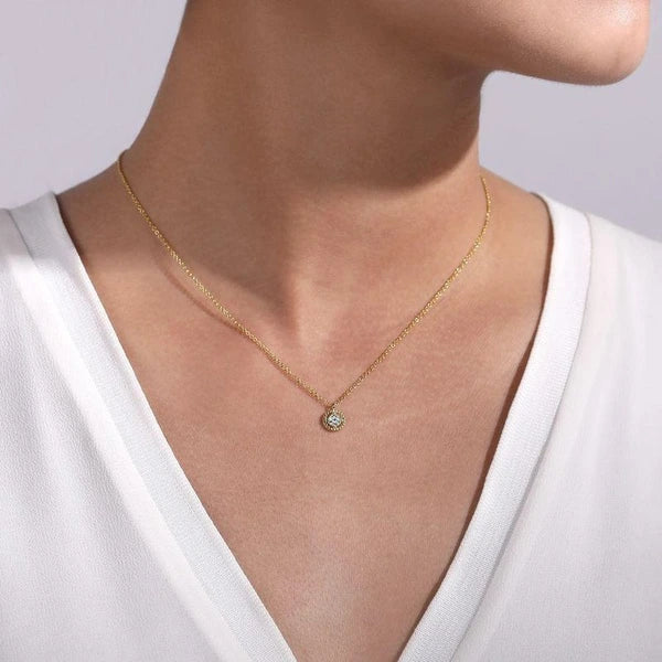 14K Yellow Gold Beaded Round Floating Diamond Pendant Necklace