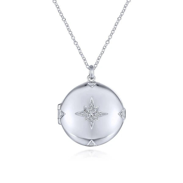 925 Sterling Silver Round White Sapphire Starburst Locket Necklace