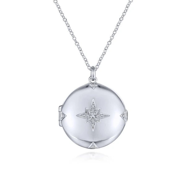 925 Sterling Silver Round White Sapphire Starburst Locket Necklace