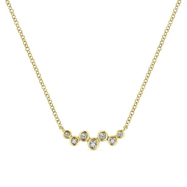 14K Yellow Gold Zig Zag Bubble Bar Necklace with Bezel Set Diamonds