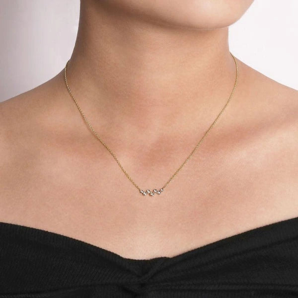 14K Yellow Gold Zig Zag Bubble Bar Necklace with Bezel Set Diamonds