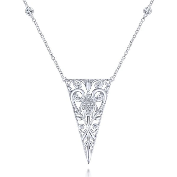 925 Sterling Silver Scrollwork Triangular Vintage Inspired White Sapphire Pendant Necklace