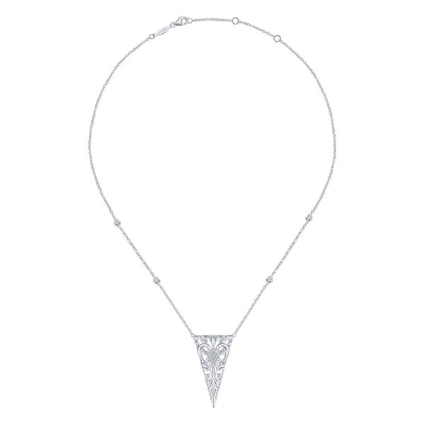 925 Sterling Silver Scrollwork Triangular Vintage Inspired White Sapphire Pendant Necklace