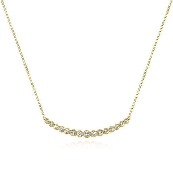 14K Yellow Gold Curved Bar Necklace with Bezel Set Round Diamonds