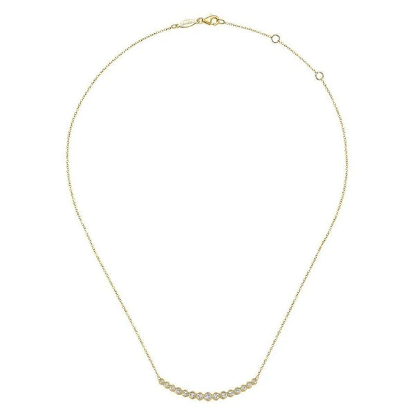 14K Yellow Gold Curved Bar Necklace with Bezel Set Round Diamonds