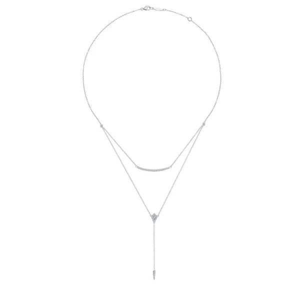 14K White Gold Layered Curved Bar and Diamond Drop Y Necklace