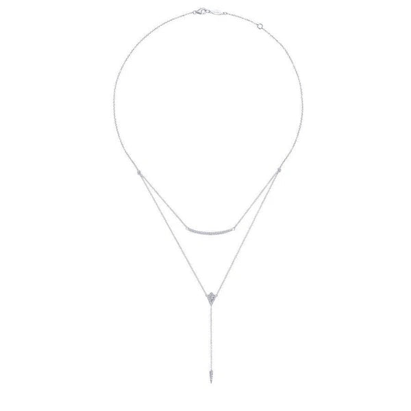 14K White Gold Layered Curved Bar and Diamond Drop Y Necklace