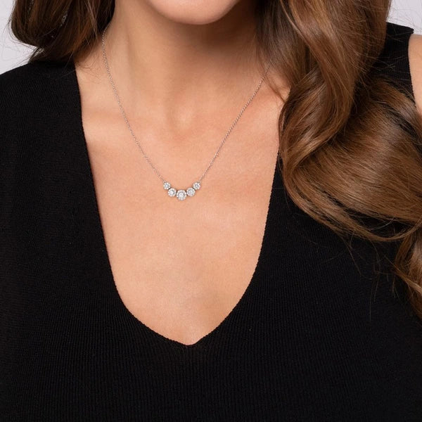 14K White Gold Round Diamond Halo Bar Necklace