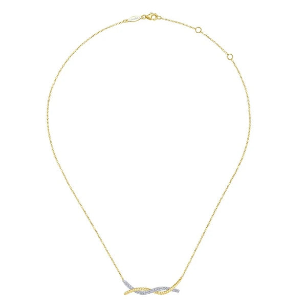 14K Yellow-White Gold Twisted Rope and Pavé Diamond Bar Necklace