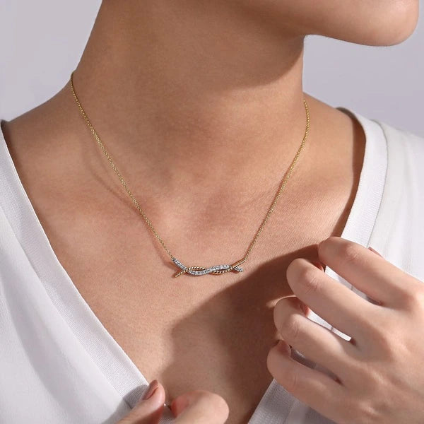 14K Yellow-White Gold Twisted Rope and Pavé Diamond Bar Necklace