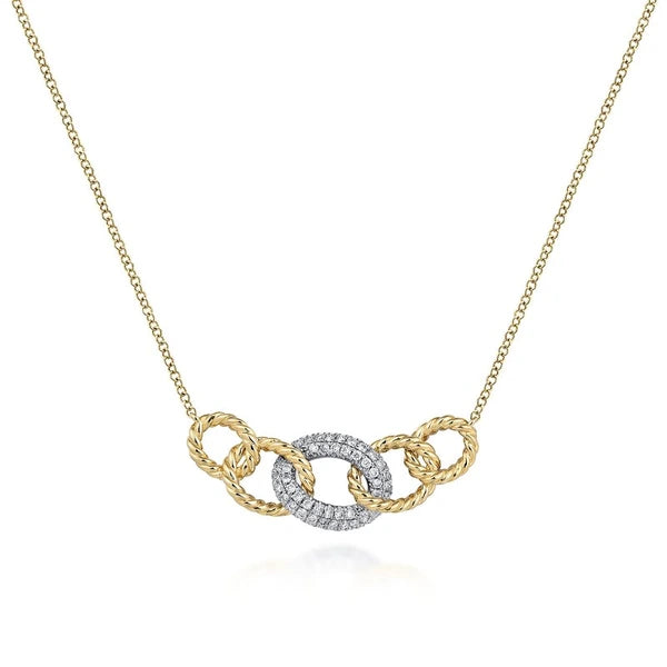 14K Yellow-White Gold Twisted Rope Link Necklace with Pavé Diamond Link Station