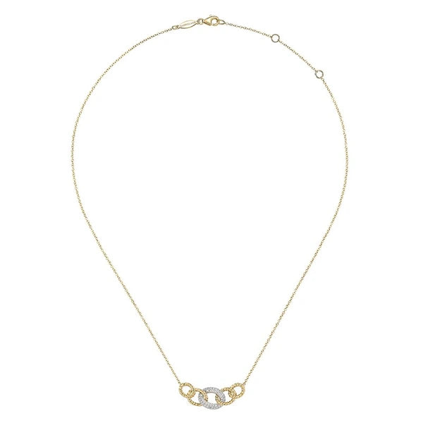 14K Yellow-White Gold Twisted Rope Link Necklace with Pavé Diamond Link Station