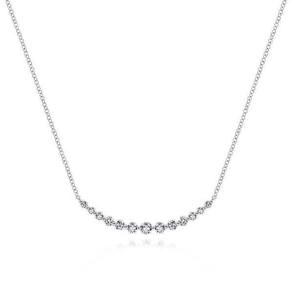 14K White Gold Graduated Round Diamond Curved Bar Necklace