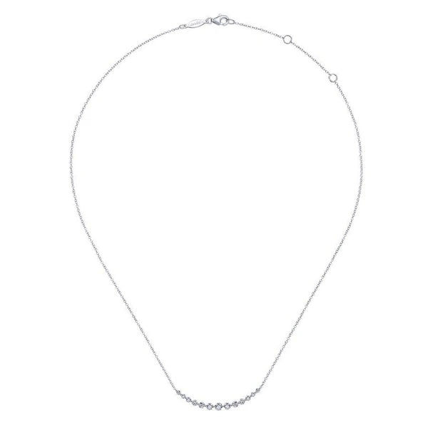 14K White Gold Graduated Round Diamond Curved Bar Necklace