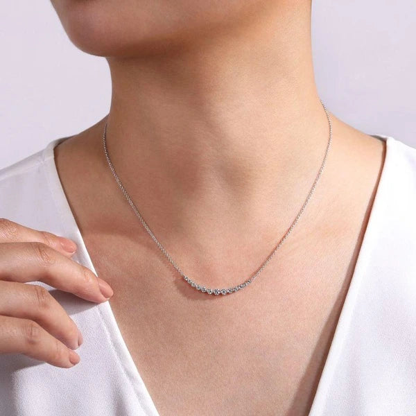 14K White Gold Graduated Round Diamond Curved Bar Necklace