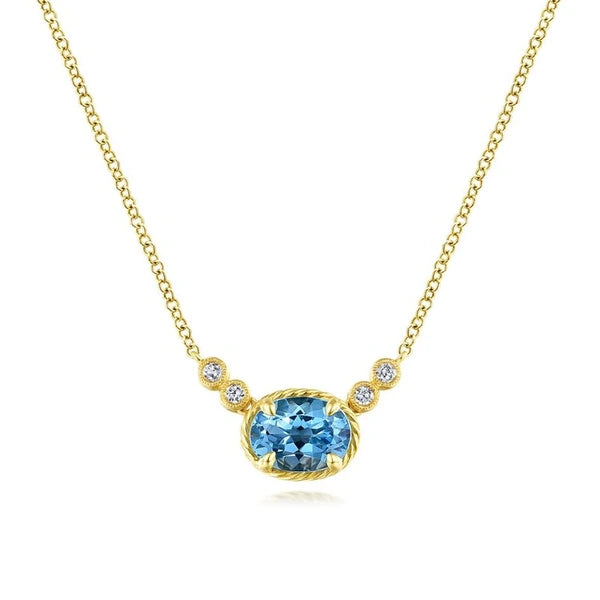 14k Yellow Gold Oval Swiss Blue Topaz & Diamond Necklace