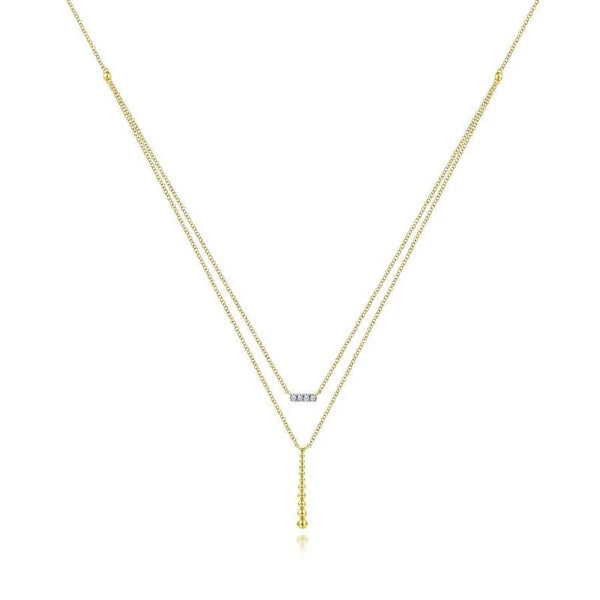 14K Yellow Gold Two Strand Diamond Bar and Bujukan Beaded Pendant Necklace