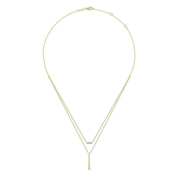 14K Yellow Gold Two Strand Diamond Bar and Bujukan Beaded Pendant Necklace