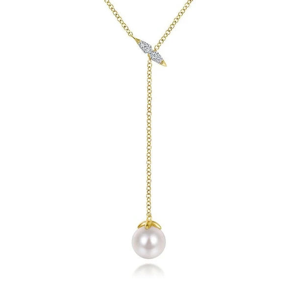 14K Yellow Gold Diamond Bar Y Necklace with Cultured Pearl Drop