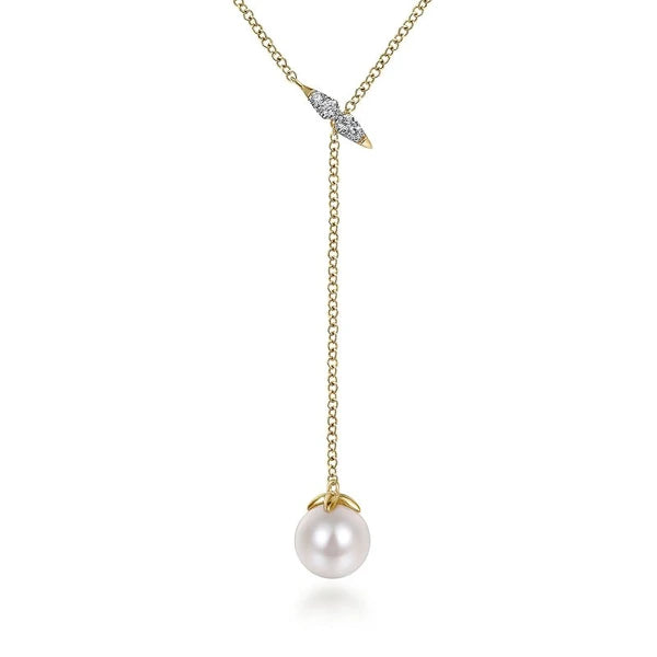 14K Yellow Gold Diamond Bar Y Necklace with Cultured Pearl Drop