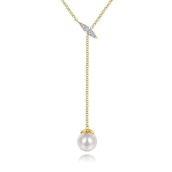 14K Yellow Gold Diamond Bar Y Necklace with Cultured Pearl Drop