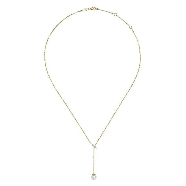 14K Yellow Gold Diamond Bar Y Necklace with Cultured Pearl Drop