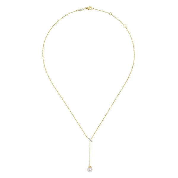 14K Yellow Gold Diamond Bar Y Necklace with Cultured Pearl Drop