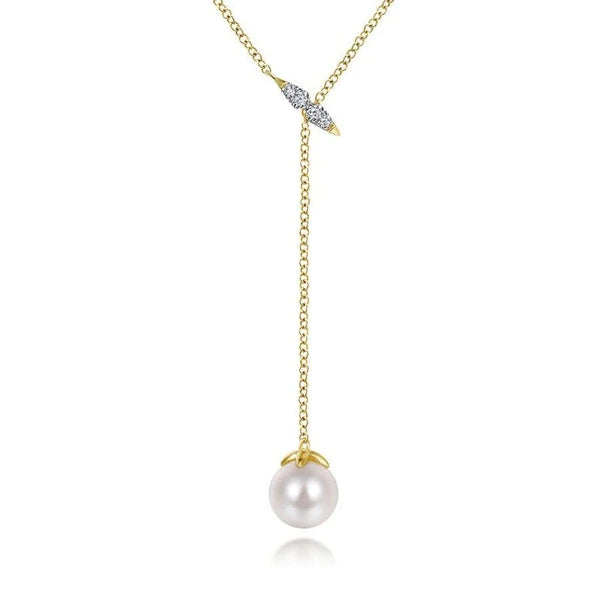 14K Yellow Gold Diamond Bar Y Necklace with Cultured Pearl Drop