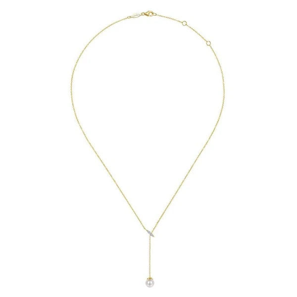 14K Yellow Gold Diamond Bar Y Necklace with Cultured Pearl Drop