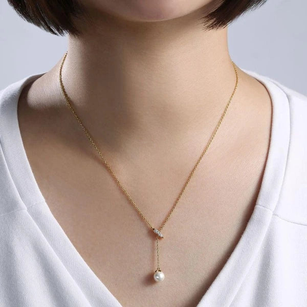 14K Yellow Gold Diamond Bar Y Necklace with Cultured Pearl Drop