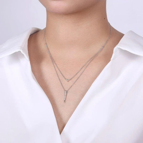 14K White Gold Layered e Diamond Bar and Spike Pendant Necklace