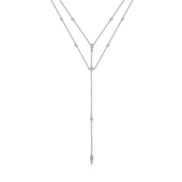 14K White Gold Diamond Station Layered Y Necklace