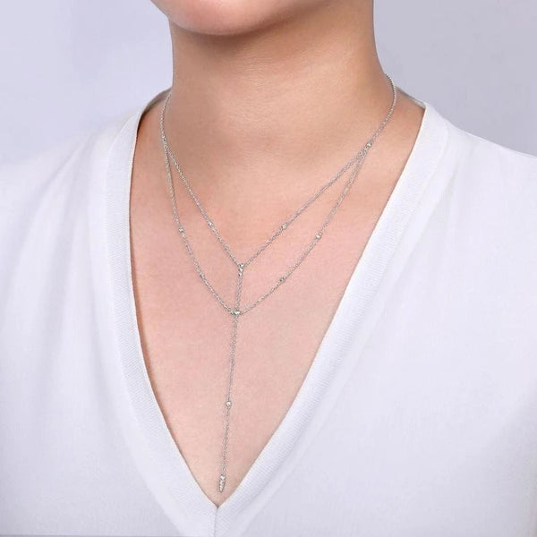 14K White Gold Diamond Station Layered Y Necklace