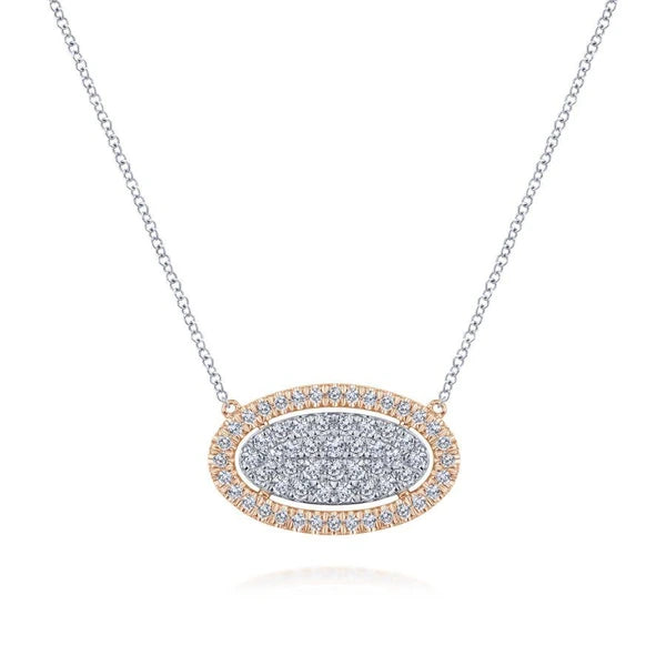 14k White-Rose Gold Pave Diamond Oval Pendant Fashion Necklace