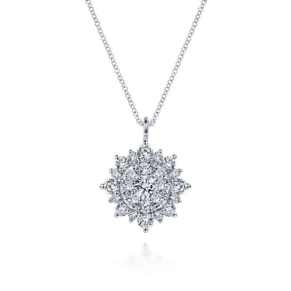 14K White Gold Diamond Cluster Pendant Necklace