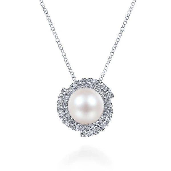 14K White Gold Round Cultured Pearl Swirling Diamond Halo Pendant Necklace
